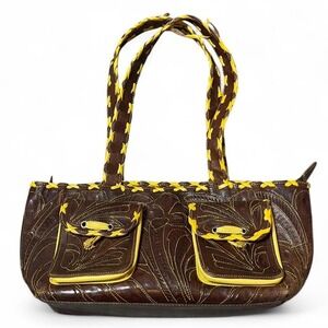 Brown leather handbag with yellow stitching accents